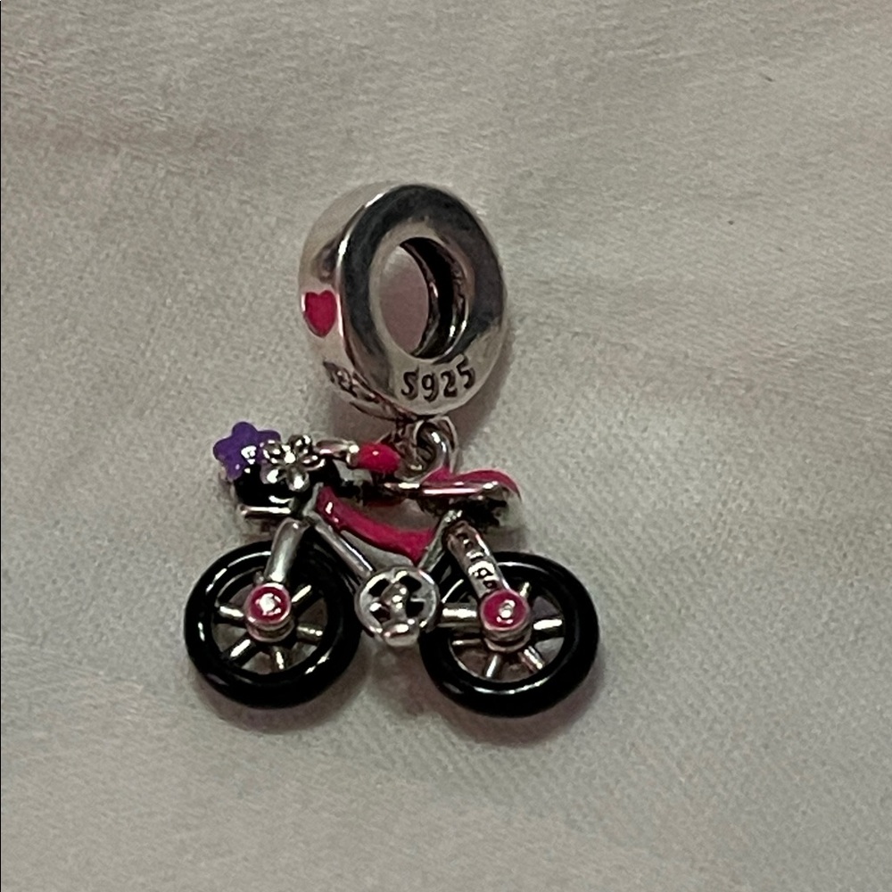925 Sterling Silver “Barbie” Bicycle Charm w Pink & Purple Heart Accents